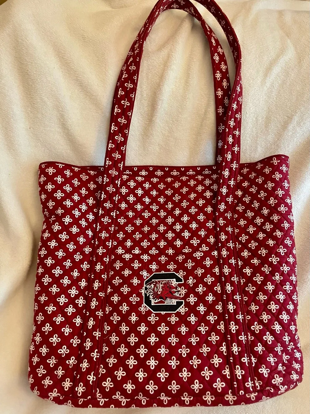 Vera Bradley Red Quilted Tote with White Pattern and Team Crest